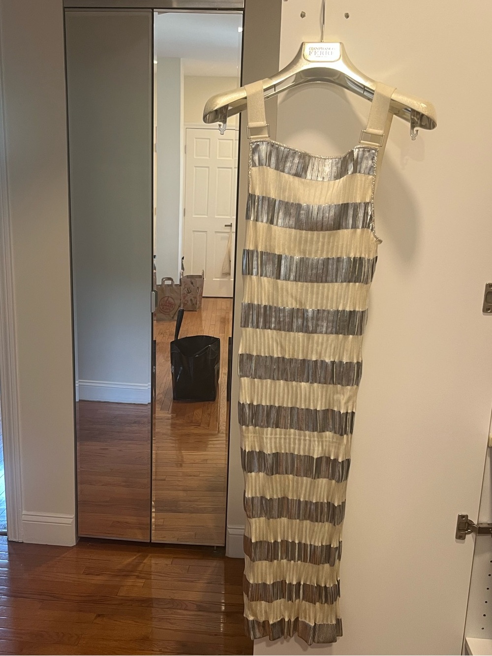 Fendi Runway Metallic-Striped Pleated Maxi Dress in Off White and Silver
